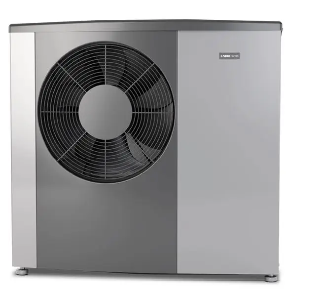 NIBE Wärmepumpe in Monoblock-Design mit großem Ventilator und grauer Gehäuseoberfläche, geeignet für die Nutzung von Luft zur Wassererwärmung.